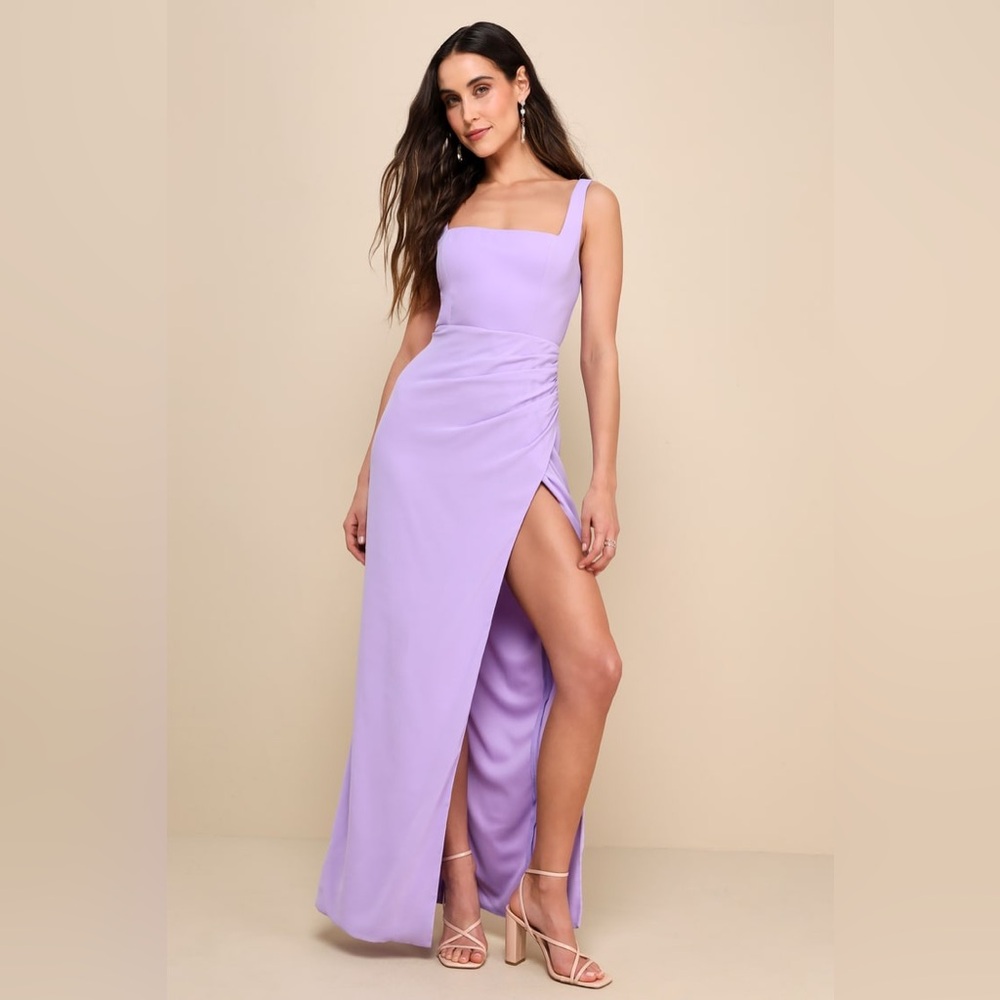 Lulus-Glamorous Disposition Lavender Ruched Maxi Dress (Large)
